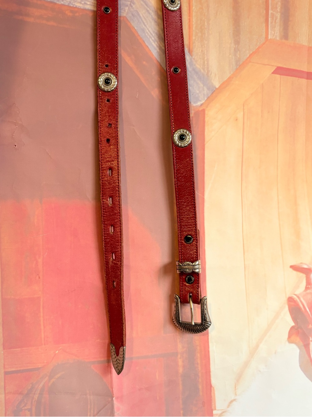 Vintage Red Leather Western Concho Belt Skinny Belt Faux Black Stone